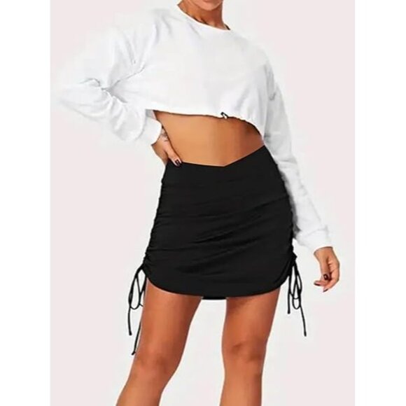 Black V Cross Front Swim Skirt Built-In Shorts Drawstrings Pockets Size Medium - Picture 7 of 9